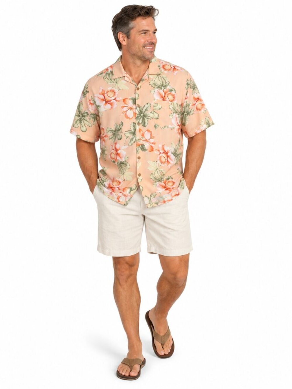 Bermuda Bay Mens XXL 100% Silk Hawaiian Shirt Peach Floral Aloha Resort